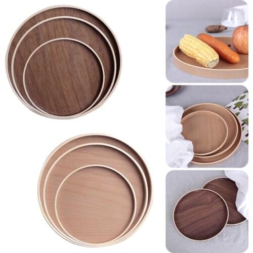 21/27/30cm Walnut/Beech Wooden Pan Plate Fruit Dishes Saucer Tea Snack Tray Dessert Dinner Plate Round Shape Tableware Set