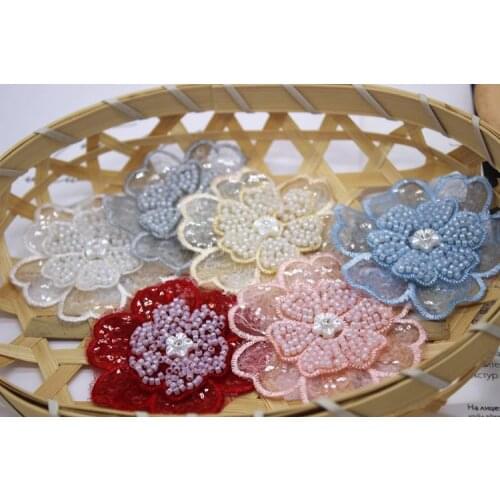 5pcs 3D Flower Organza Sequined Pearl Lace Patches Applique For Bridal Wedding dress Sewing Accessories Diy Decoration patch