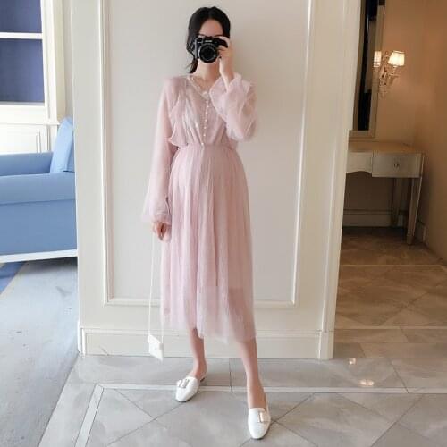 801# Maternity Clothes Lace Gauze Patchwork 2Pcs Maternity Dress Set Clothes for Pregnant Women Pregnant Women Suit