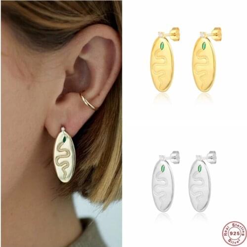 Aide 925 Sterling Silver Green Eye Snake Pattern Oval Stud Earrings For Women Luxury Retro Ear Studs Pendiente Party Jewelry