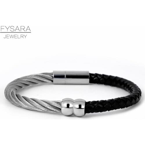 FYSARA Stainless Steel Cable Wire Wrap Bracelet Bangles Vintage Genuine Leather Black Magnet Bracelets Men Punk Boyfriend Gift