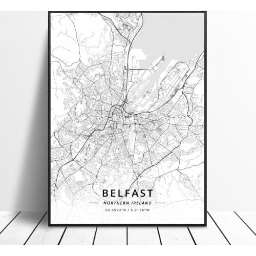 Black and White Belfast Northern Ireland Latitude Longitude Canvas Art Map Poster