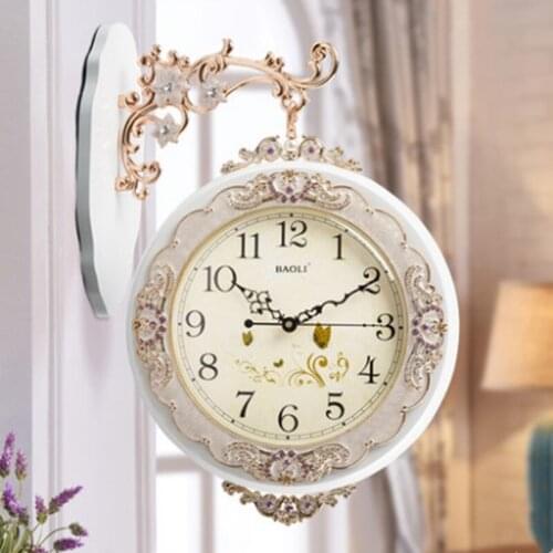 European double-sided wall clock living room two-sided decoration solid wood modern wall clock silent big wall Watch