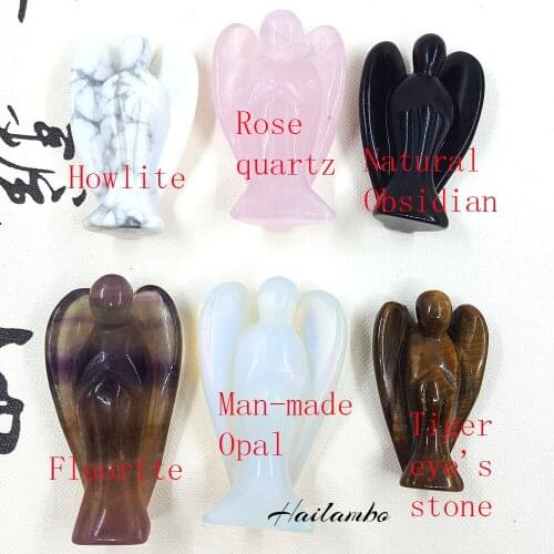 Howlite Roses quartz Obsidian Fluorite Man-made Opal Tiger eyes Stone Carved Angel Standing Figurine Statue With Wing Pendant