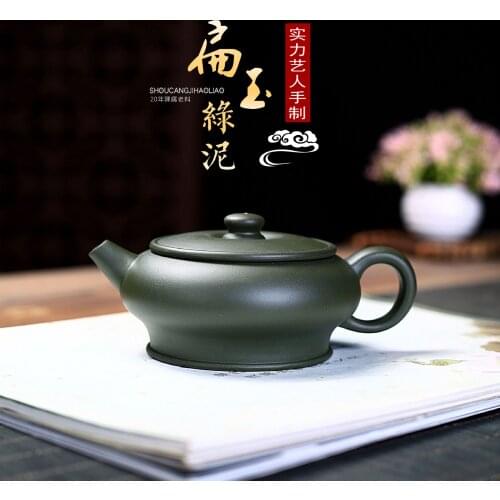 Yixing Purple Sand Teapot Original Mine Republic Of China Green Clay Flat Jade Pot Kung Fu Teaset Handmade Pu'Er Tea Kettle