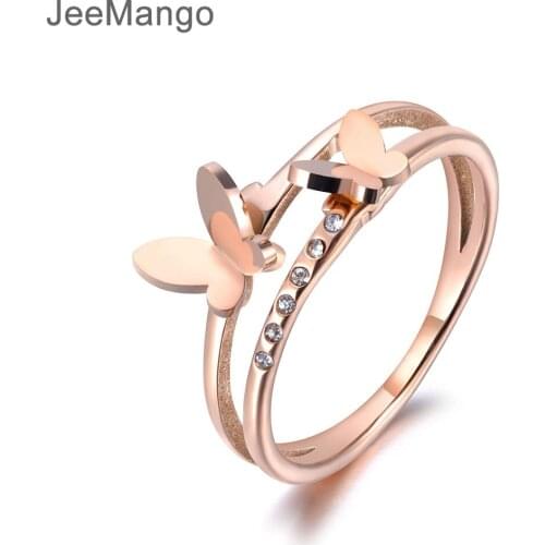 OL Design Stainless Steel Double Butterfly Ring Rose Gold Micro Pave CZ Crystal Anniversary Rings For Women Girl R19020