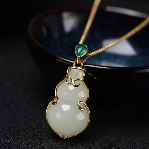 Natural handcarved gourd jade pendant with 925 sterling silver pendants necklaces add chain jade jewelry jade necklace