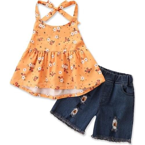 Summer Girl Set Cotton Floral Vest + Denim Jeans Shorts Suits for Kids Fashion Children Clothing Set
