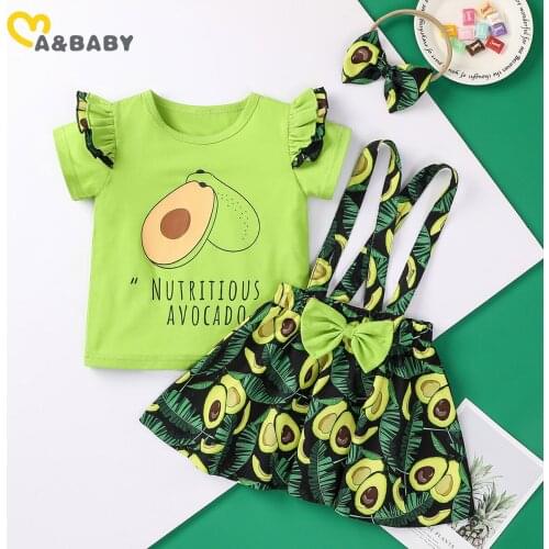 Ma&Baby 1-5Y Summer Toddler Baby Kid Girl Clothes Set Avocado Print T shirt Bow Skirts Overalls Outfits Child Girl Costumes