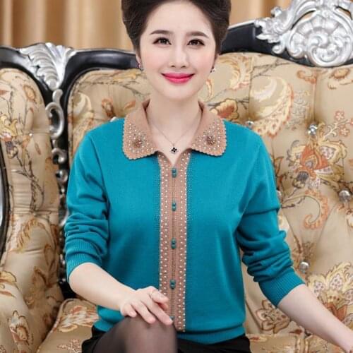 Mother Clothing Fall/Winter Diamond Lapel Sweater Middle-aged Mothers Bottoming Knit Sweater Plus size 5XL Loose Women Pullovers