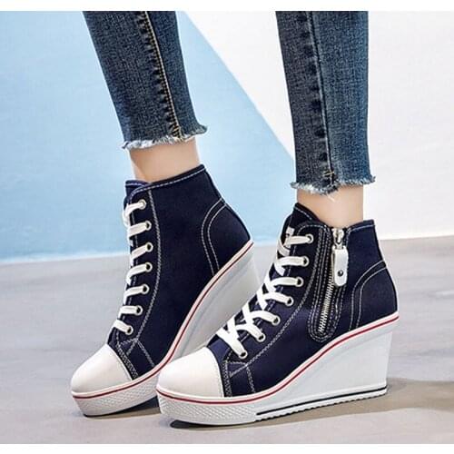 Fashion Classic women casual high heel shoes Solid color Platform Hidden Wedge shoes ladys Canvas pumps zipper shoes B21-19