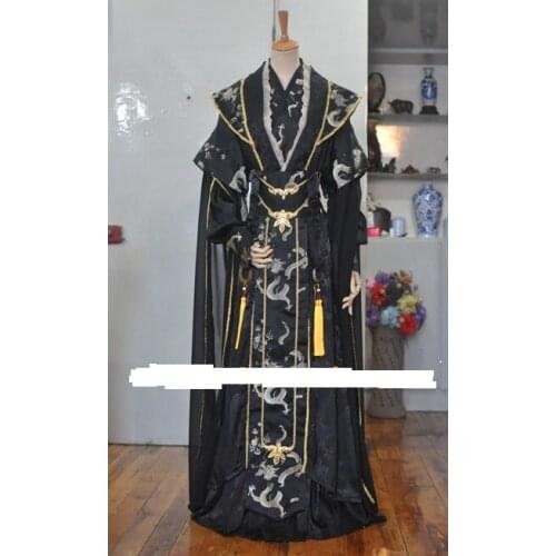 Yuan Ci Black Mens Costume Floor Length without Tail Hanfu Costume Stage Performance Cosplay Costume
