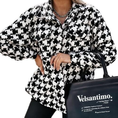 2021 New Ladies Fashion Hot Sale Womens Autumn And Winter Long-Sleeved Houndstooth Printed Woolen Jacket Women