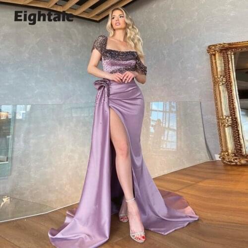 Eightale Arabic Evening Dress One Shoulder Beaded High Side Split Sexy Purple Prom Gown Satin Mermaid Celebrity Party Dress