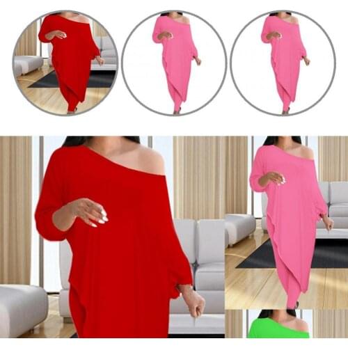 Casual 2Pcs/Set Simple Women Slash Neck Blouse Skinny Trousers Suit Female Blouse Off Shoulder for Daily Life