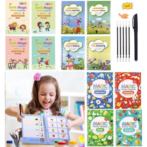 Sank Magic Book 4 Books/Sets of Magic Copybook Reusable Copybook Handwriting Books for Kids to Write English Numbers and Letters