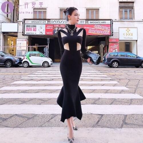 Sexy 2021 Deep V Neck hollow Out Long Sleeve Bodycon Dresses Women Club Partywear Sexy Fashion long Dress