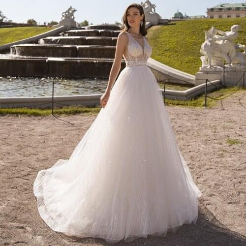 Wedding Dress 2021 Charming A Line Court Train Lace Appliques Scoop Neck Sleeveless Backless Bridal Gowns