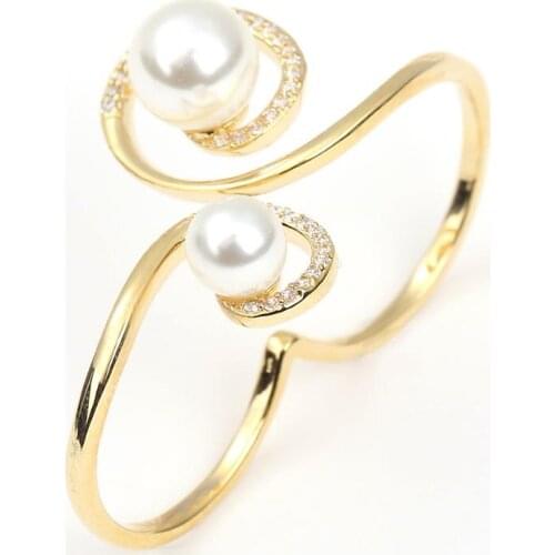 Unique Womens Fashion Romantic Double Finger Ring Zircon & Natural Freshwater Pearl Ladylike Design Ring Jewelry Accessory