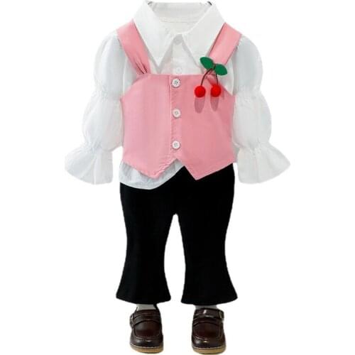 Spring Autumn 2021 Baby Girls Set 3Pcs Sweet New Cotton Vest Coat +White Shirt +Sports Pants Suits for Girl Children Clothing