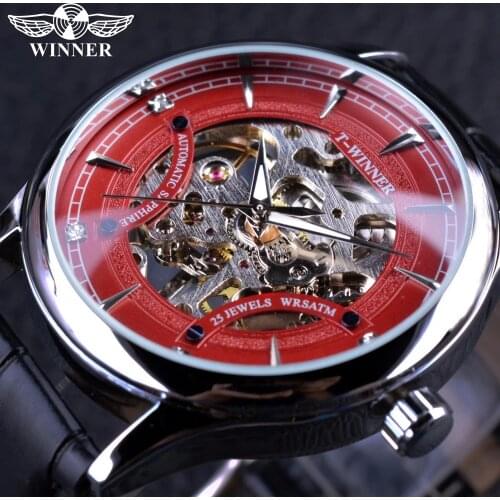 Winner Red Fashion Stylish Skeleton Diamond Luxury Design Mens Watches Top Brand Luxury Male Wrist Watch Mechanical Watch Clock