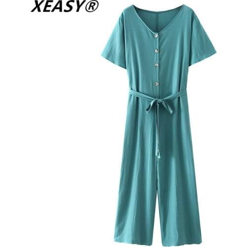 XEASY Women’s 2020 Spring Summer Plus Size Jumpsuits Woman Large Short Sleeve Loose Casual Jump Suit Belt Black Green