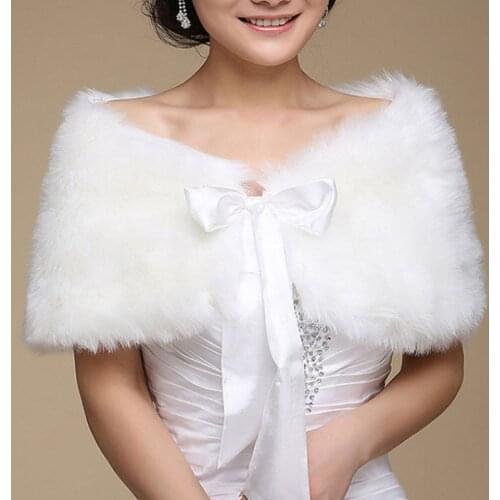 Women Winter One Size Warm Faux Fur Cape Cloak Wedding Wrap Bridal Shawl Jacket Coat Satin Ribbon Bowknot Lace Up Shrug