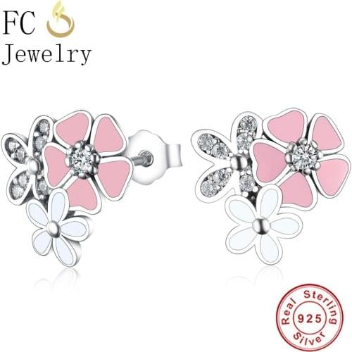 FC Jewelry 925 Sterling Silver Korean Multicolor Pink Enamel Cherry Blossom Flower Zirconia Crystal Women Stud Earrings Brinco