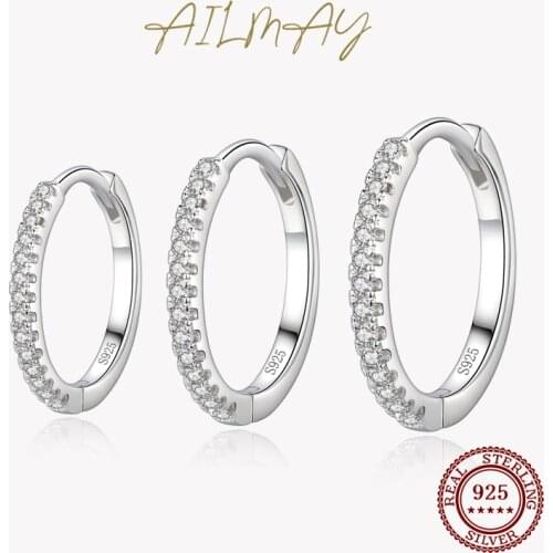 Ailmay 100% 925 Sterling Silver Clear Zircon Simple Fashion Hoop Earrings For Women Girls Anti-allergy Fine Jewelry Gifts