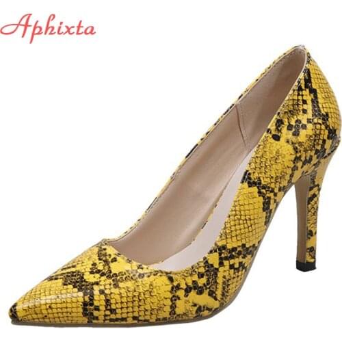 Aphixta 2021 New 9cm 10cm Thin Heels Shoes Women Pumps Pointed Toe Yellow Snake Prints Party Leisure Super Big Szie 45 46