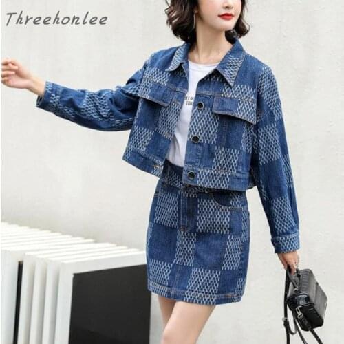 Fashion denim womens 2 piece set autumn new 2021 casual slim fitting denim turn-down collar coat + mini skirt two pieces suit