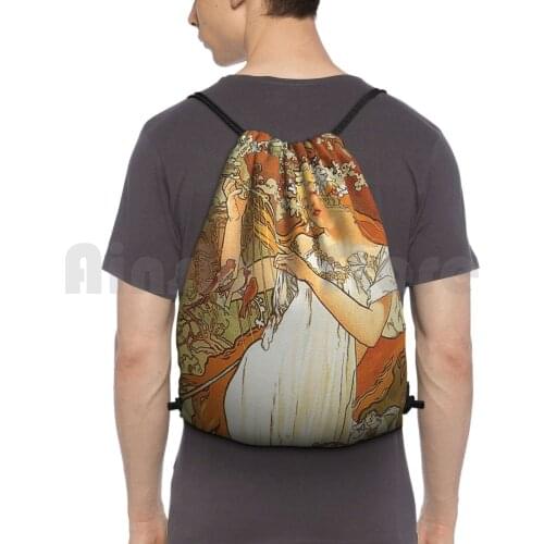 Alphonse Mucha-Spring 1896 Backpack Drawstring Bag Riding Climbing Gym Bag Girls Hair Fall Yellow Sunny Glamour Orange Maple