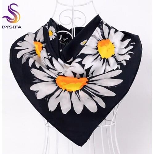 [BYSIFA] Black Winter Scarves Wraps 90*90cm New Daisy Twill Square Silk Scarves China Fashion Neck Satin Scarves Black,Pink Blue