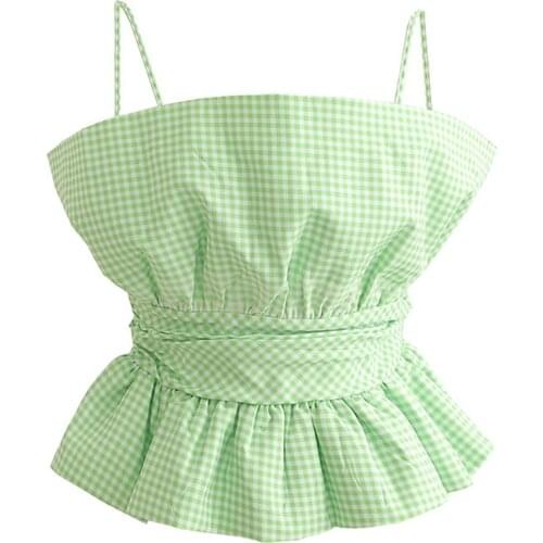 2021 Spring Summer Women Clothing Retro Fluorescent Green Plaid Pleated Halter Croped Tops Spaghetti Strap Tank Top