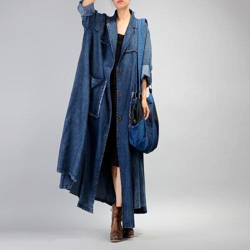 Johnature Women Trench Coat 2020 Fall Winter New Pockets Long Sleeve Blue Plus Size Women Clothing Coats Button Vintage Trench