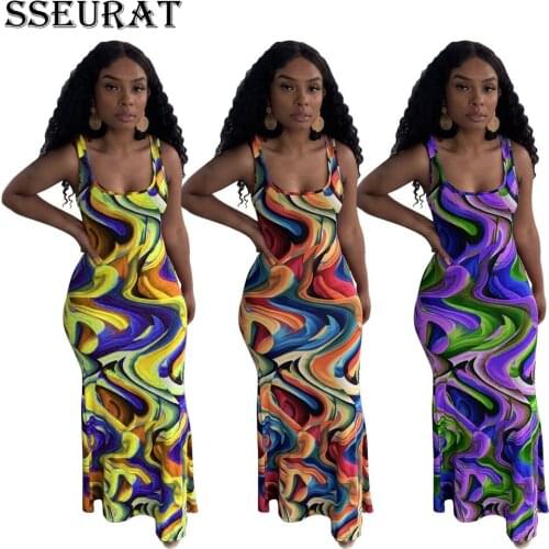 SSEURAT Women Print Wavy Sleeveless Dress Women Bodycon Pencil Midi Long Dresses Summer 2021