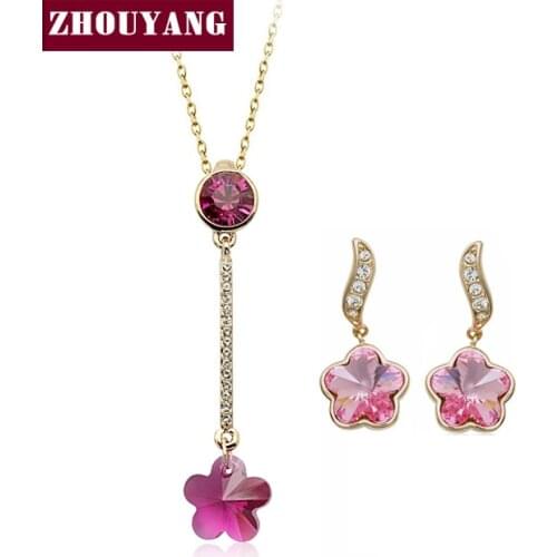 ZYS204 Plum Blossom Wintersweet Flowers Rose Gold Color Jewelry Necklace Earring Set Made with Austrian Crystals