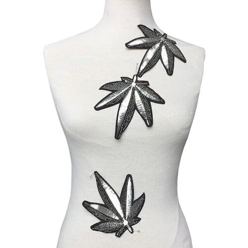 3pcs 14x13cm Iron On Leaf Patch Beaded Applique Clothes Sequin Patches For Clothing Appliques Parches Bordados Para Ropa AC1395