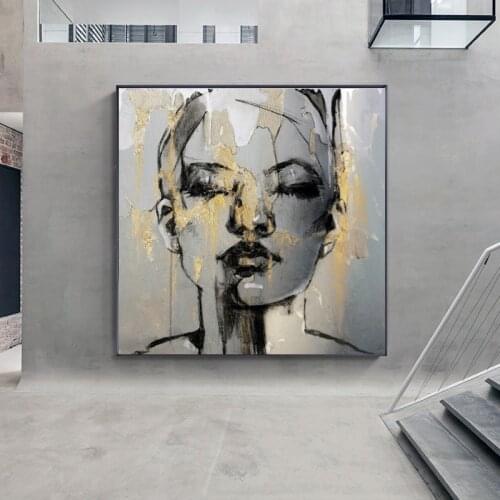 Abstract Portrait Posters and Prints Canvas Painting Sexy Golden Girl Face Flower Wall Picture for Living Room Decor No Frame