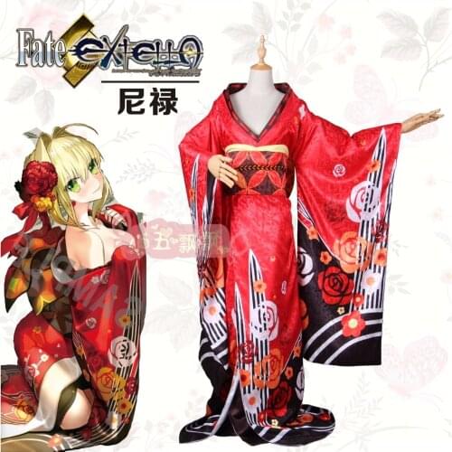 Anime! Fate/Extella Nero Red Furisode Kimono Bathrobe Uniform Cosplay Costume Halloween Outfit For Women Free Shipping