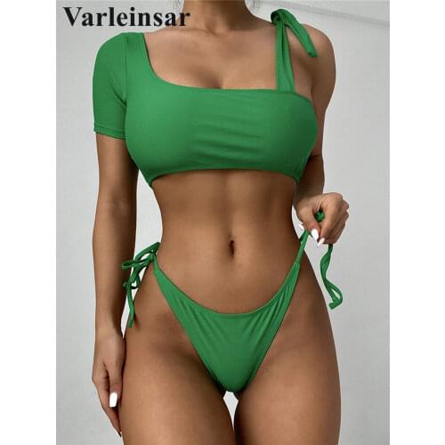 Asymmetric Short Sleeve Bikini Female Swimsuit Women Swimwear Two-pieces Bikini set Brazilian Bather Bathing Suit Swim V3035