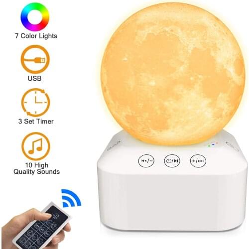 White Noise Machine,Sleep Sound Machines with Dimmable 7 Color Changing Moon Night Light Lamp 3D Printing,Relaxing Music Nature