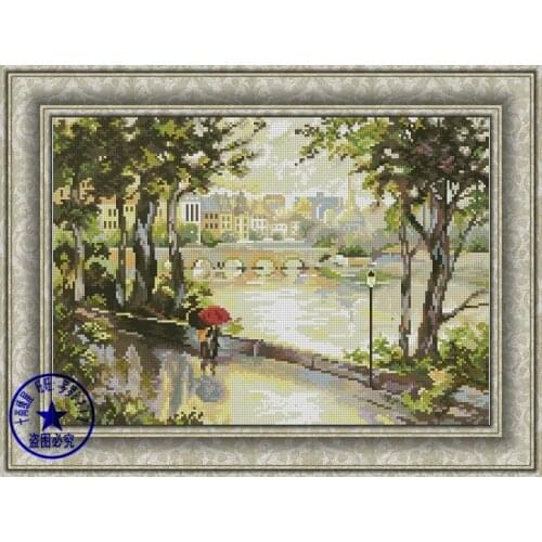 Free delivery Top Quality counted cross stitch kit raining, love forever in the rain by the river riverbank 14CT