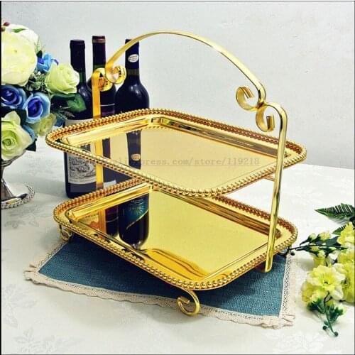 European gold double-layer rectangular snack rack creative cake rack baking West point set fruit bowl