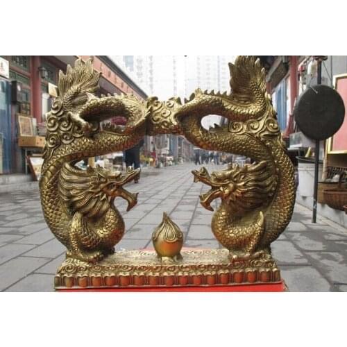 China delicateness Pure Brass Two Dragon play bead Feng Shui sculpture statue statues garden decoration