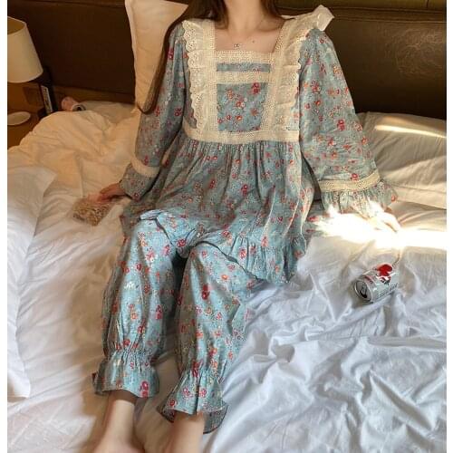 Vintage lolita princess pajamas set loose women homewear embroidery floral print lounge wear long sleeve pants home suit Y086