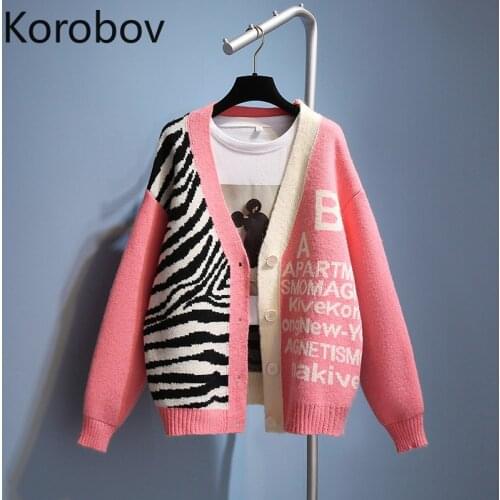 Korobov Korean Leopard Striped Cardigans Vintage Hit Color Patchwork V Neck Long Sleeve Cardigan Autumn Japanese Letter Sweater
