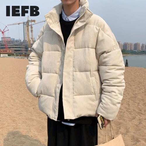 IEFB / mens wear new cotton padded jacket mens Corduroy bread jacket loose big size stand collar zipper winter coat 9Y4140