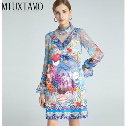 MIUXIMAO 2021 Spring Summer Flower Print Fashion Stand Collar Flared Sleeve Slim Mini Dress Vestidos for Women Party
