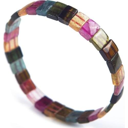 Genuine Natural Crystal Rectangle Beads Colorful Tourmaline Stone Fashion Stretch Bracelet 8*6*3mm